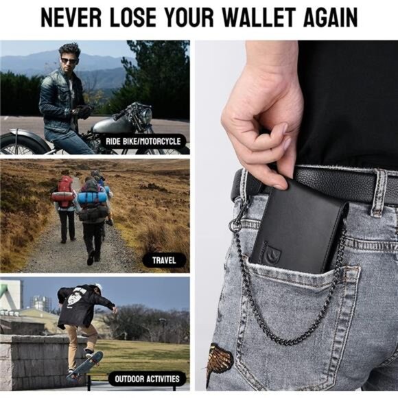 Chain Wallets for Men, RFID Blocking Genuine Leather Bifold Wallet - Picture 2 of 8